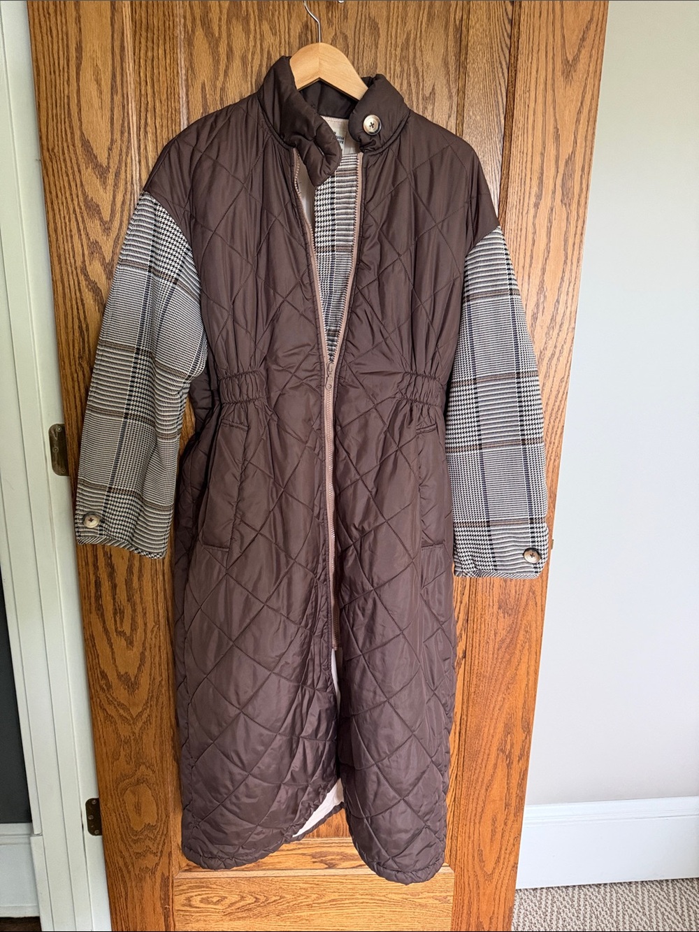 Quilted Brown Puffer Coat with Plaid Sleeve Detail